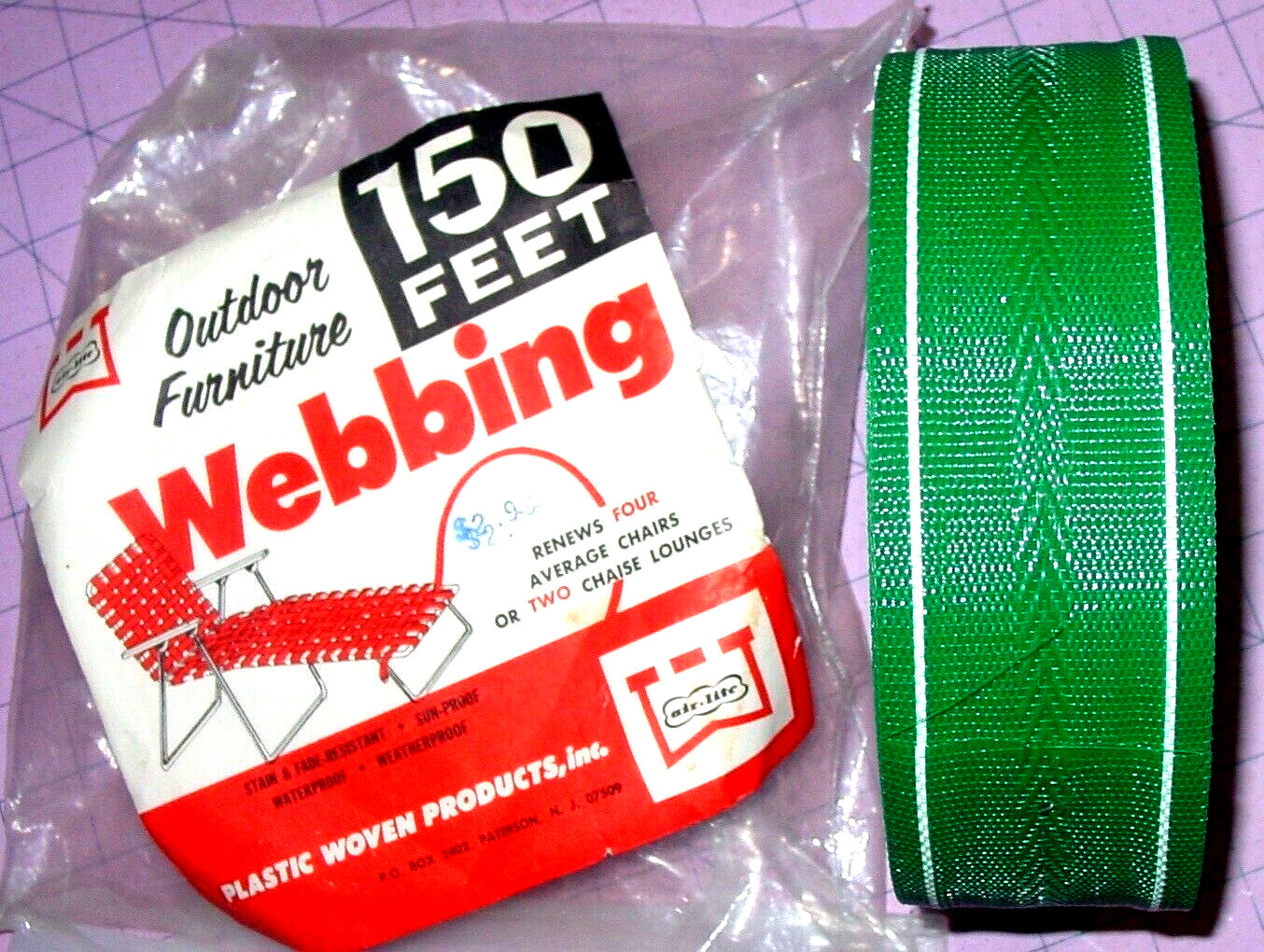 150' Vintage Lawn Chair Webbing Re-Web Green White Stripe Chaise Lounge Pool NOS