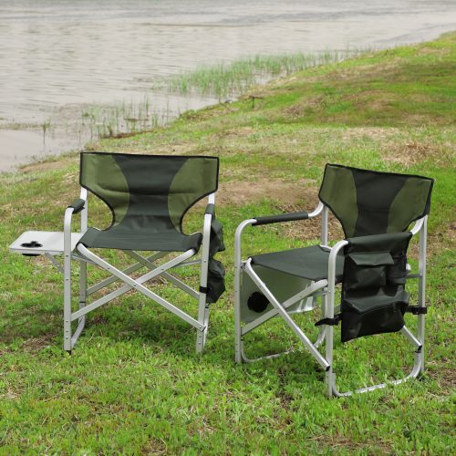 2pcs Padded Folding Outdoor Chair w/Side Table & Storage Pockets Camping Green