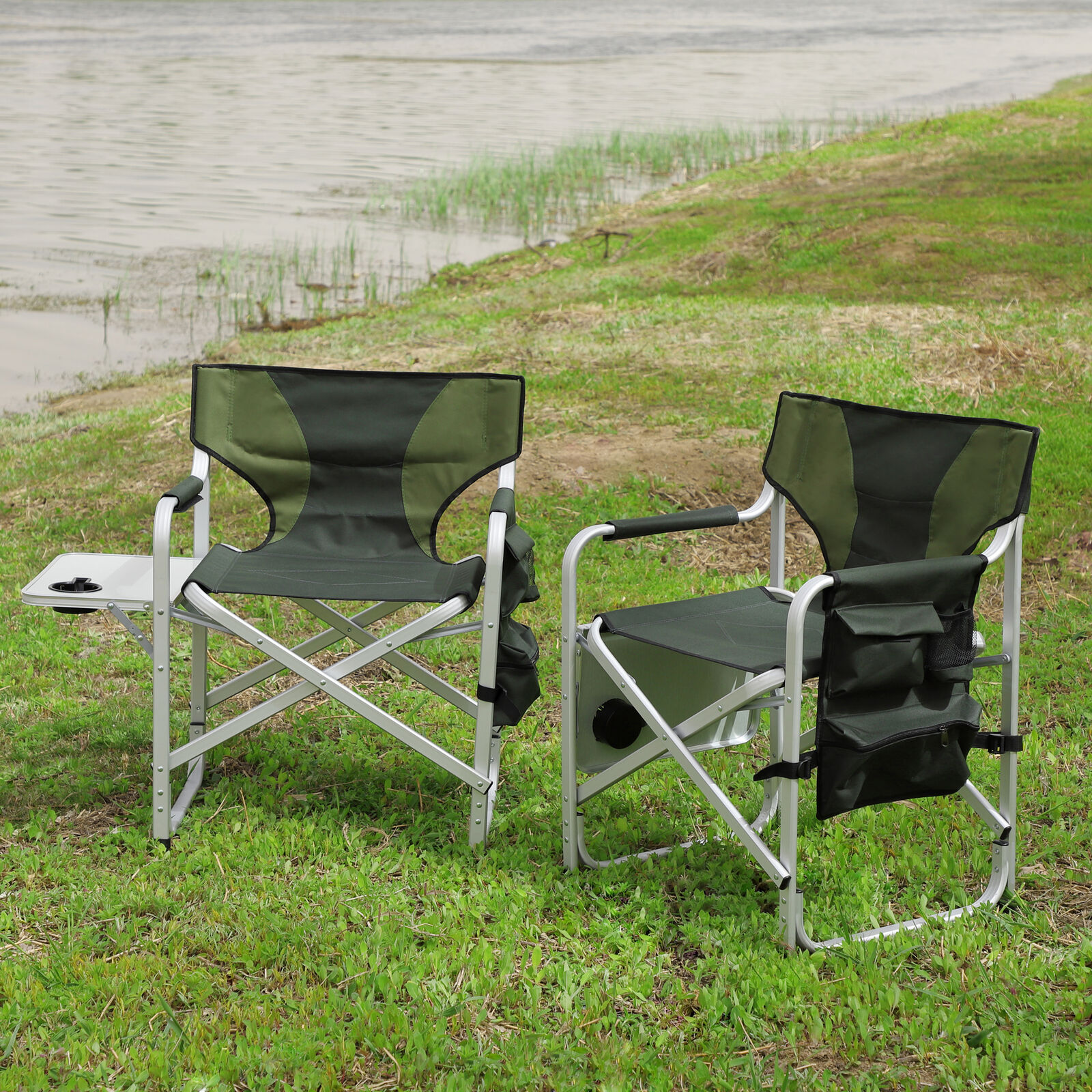 2pcs Padded Folding Outdoor Chair w/Side Table & Storage Pockets Camping Green