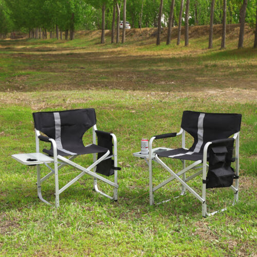 2pcs Camping Folding Outdoor Chair w/Side Table & Storage Pockets Black/Grey