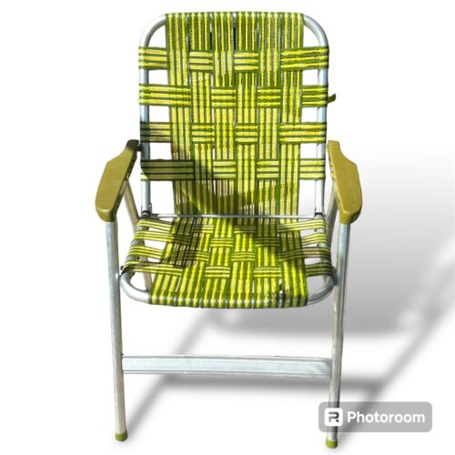 VINTAGE Aluminum Webbed Yellow Green White Retro Lawn Chair Excellent!