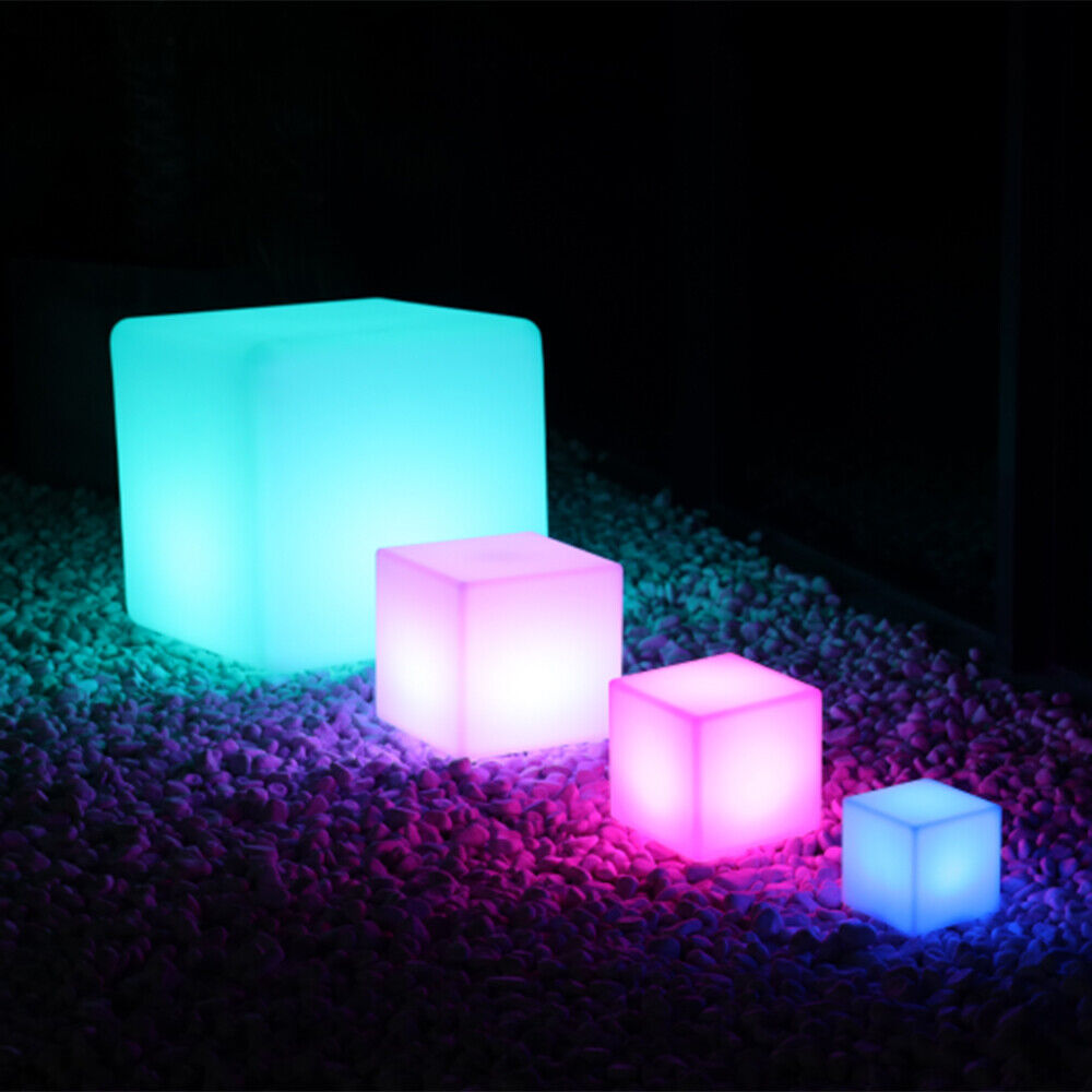 14 Inch Cube LED RGB Light Color-Changing Stool Outdoor Garden Table Chair Seat