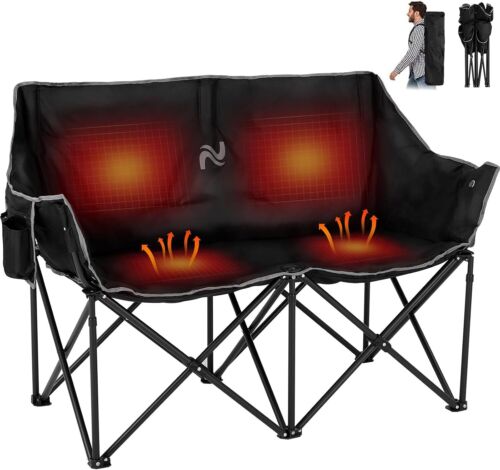 SUNYRISY Double Heated Camping Chair 2-Person 3 Heat Level Loveseat Lawn Chair