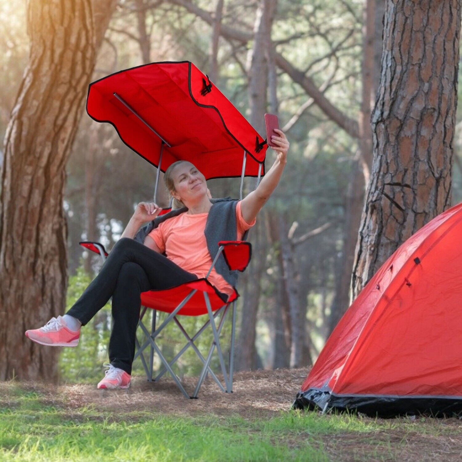 Portable Camping Chair with Canopy for Beach and Outdoor use Supports 330LBS Red