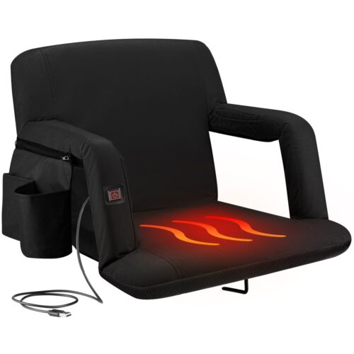 Alpcour Heated Folding Stadium Seat With Back & Arm Support Extra-Wide Black