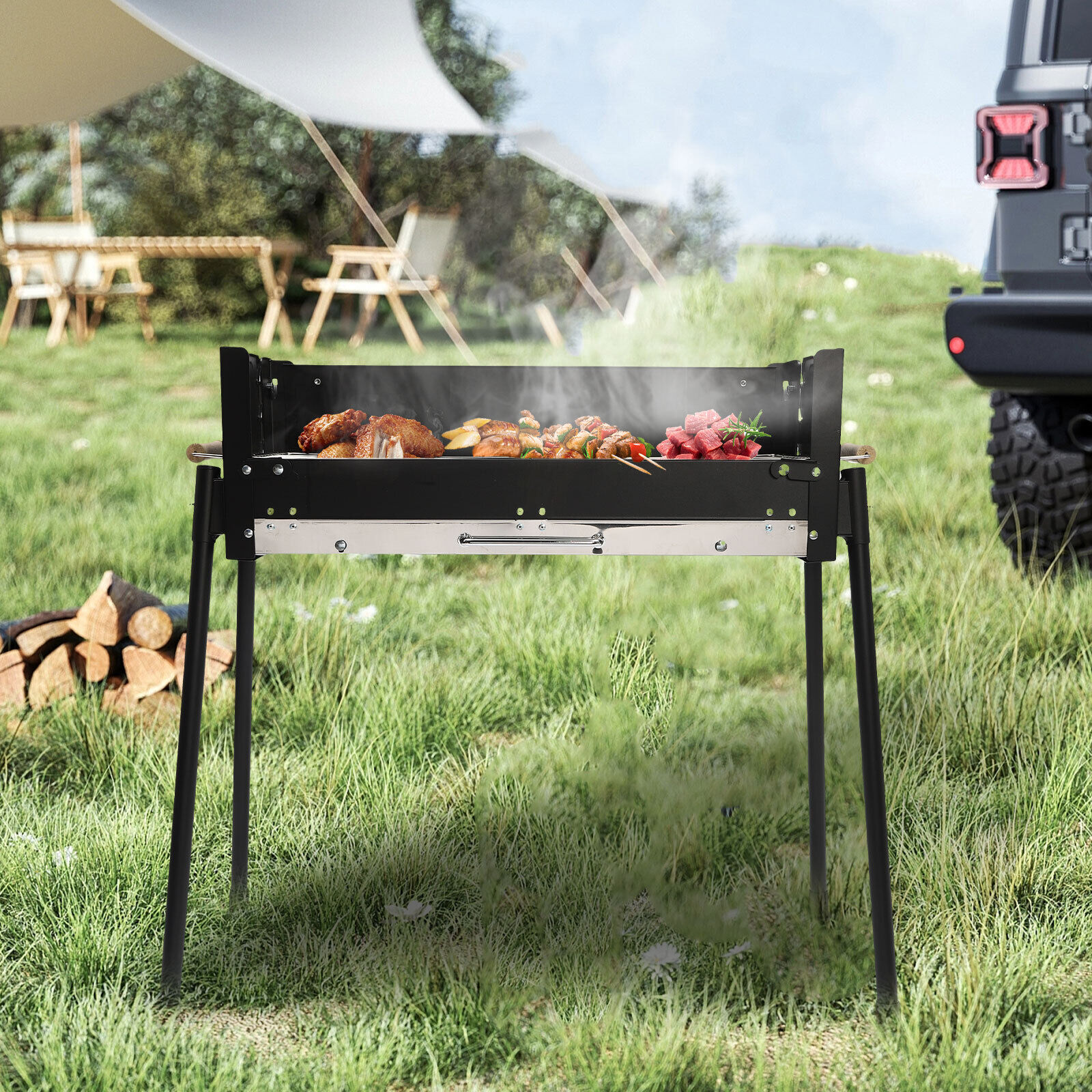 Barbecue Charcoal Grill Stainless Steel Folding BBQ Outdoor Camping Barbecue NEW