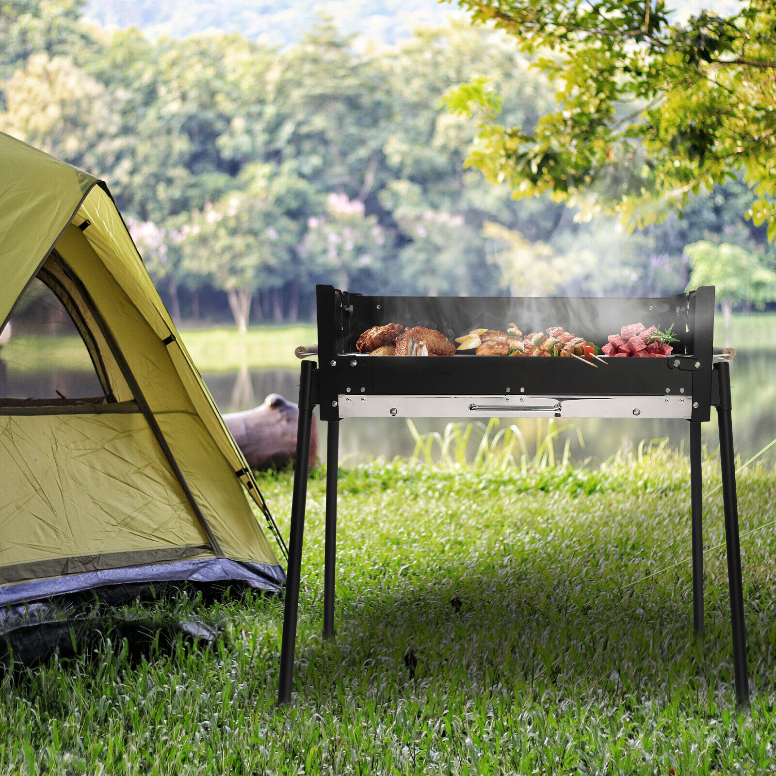 Barbecue Charcoal Grill Stainless Steel Folding BBQ Outdoor Camping Barbecue NEW