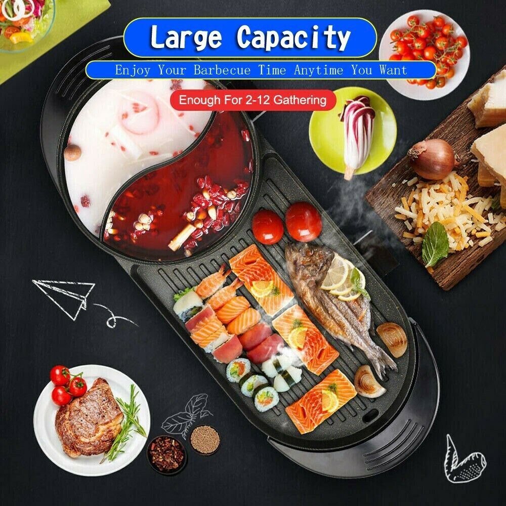 2 in 1 Portable Electric Hot Pot Barbecue Grill Non-Stick Teppanyaki Pan EP