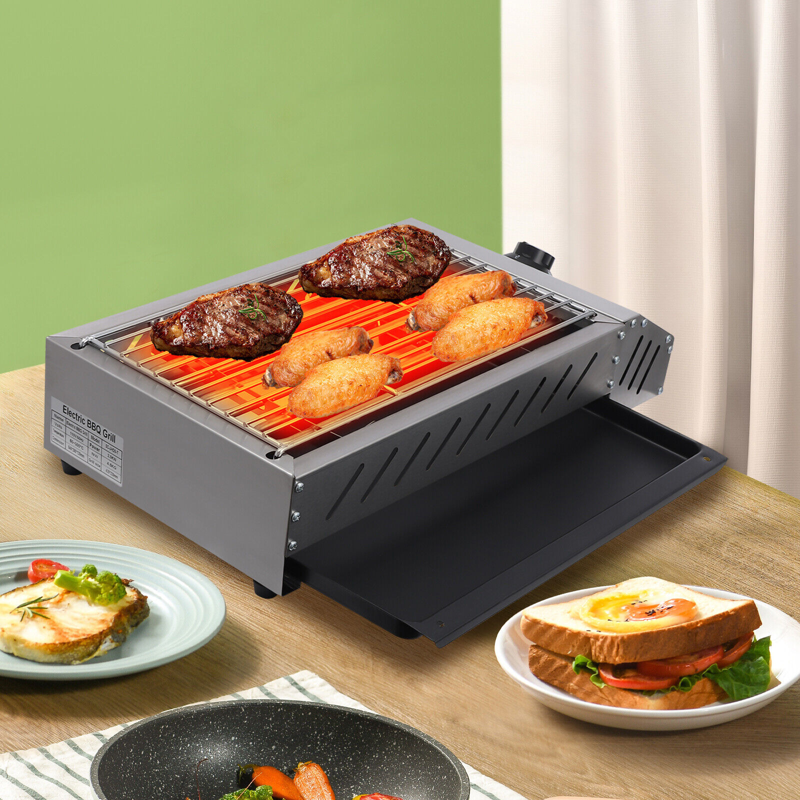 110V BBQ Grill Electric Barbecue Grill Countertop Griller Stainless Steel
