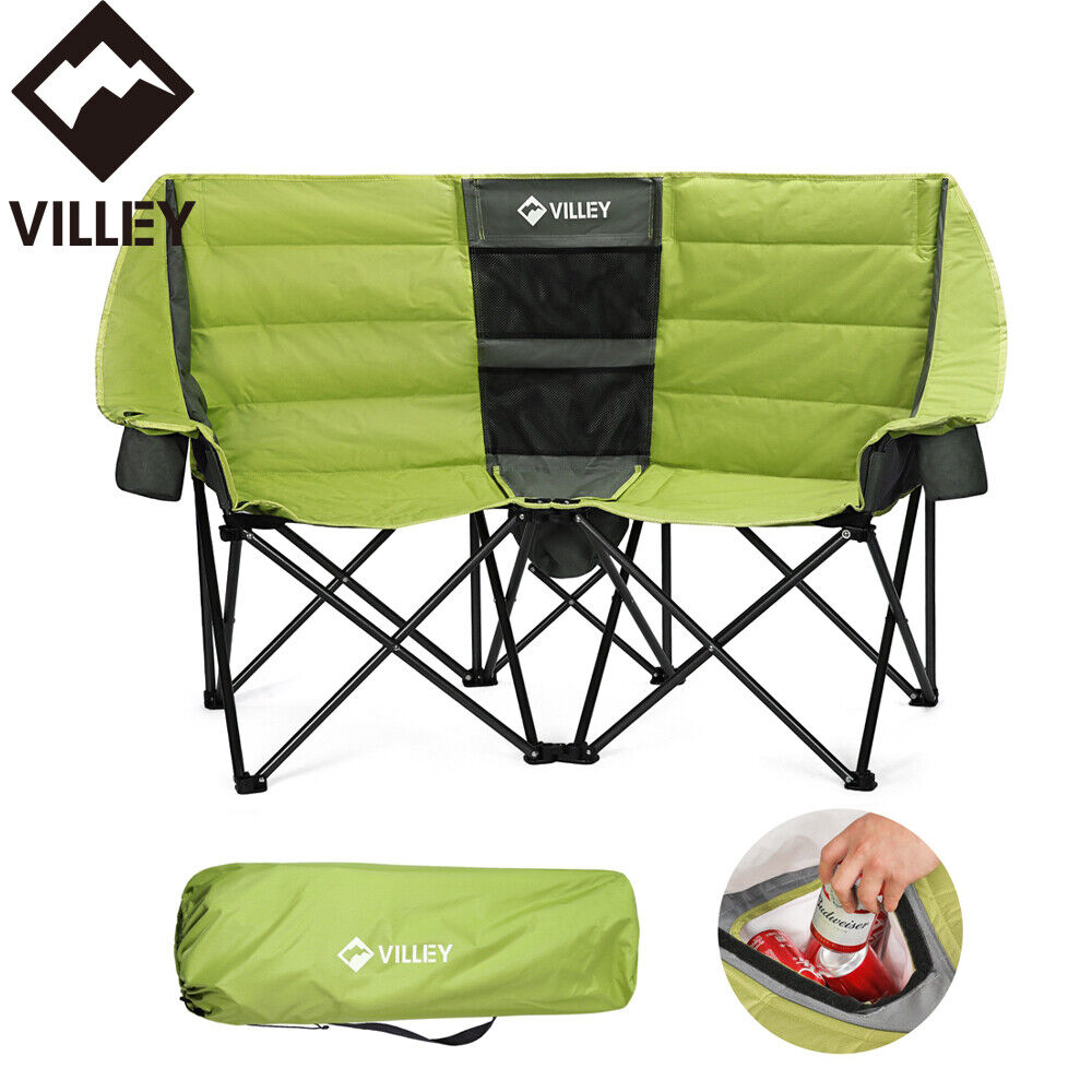 VILLEY Double Camping Chair w/Cooler Bag Support 600LBS w/Carry Bag Steel Frame