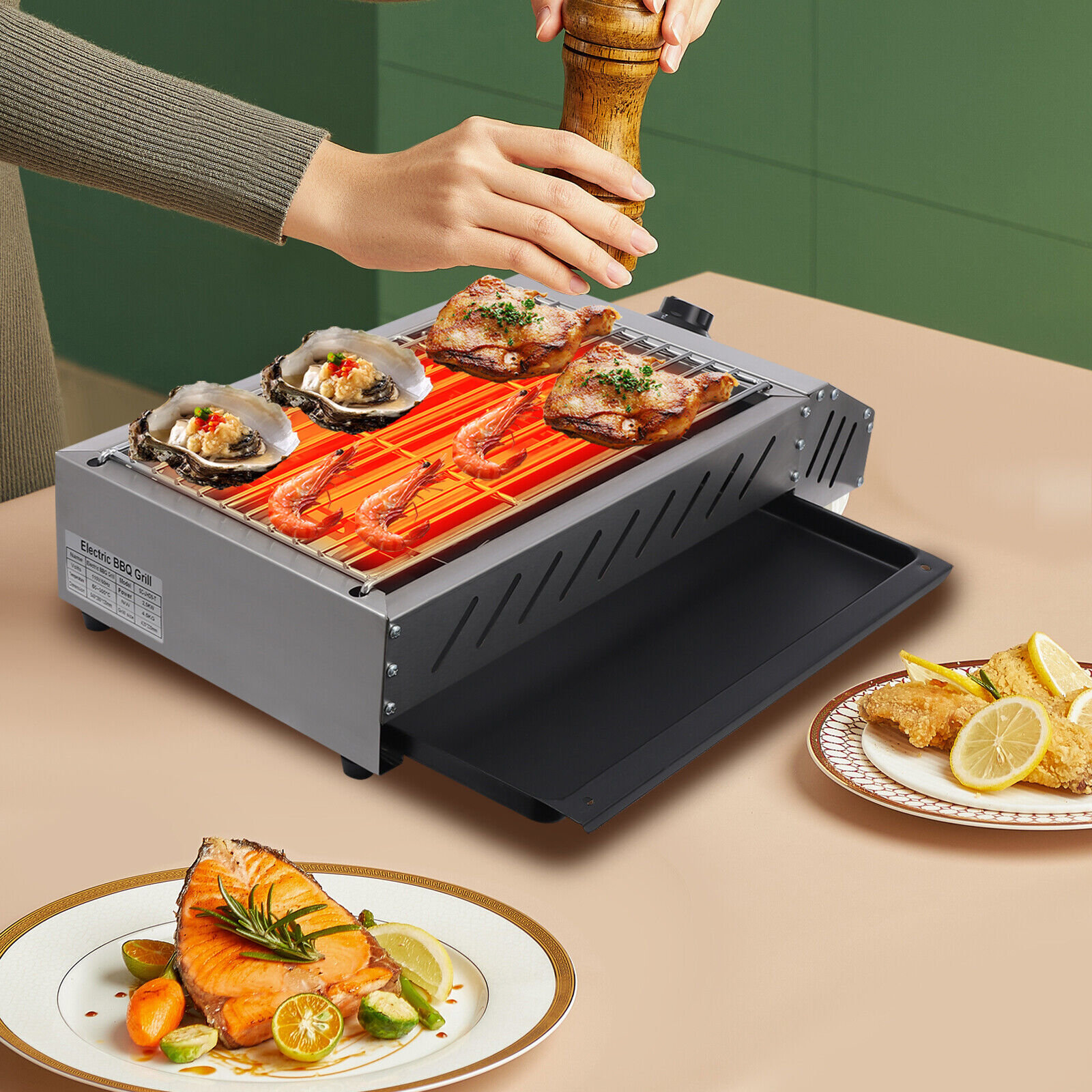 110V BBQ Grill Electric Barbecue Grill Countertop Griller Stainless Steel