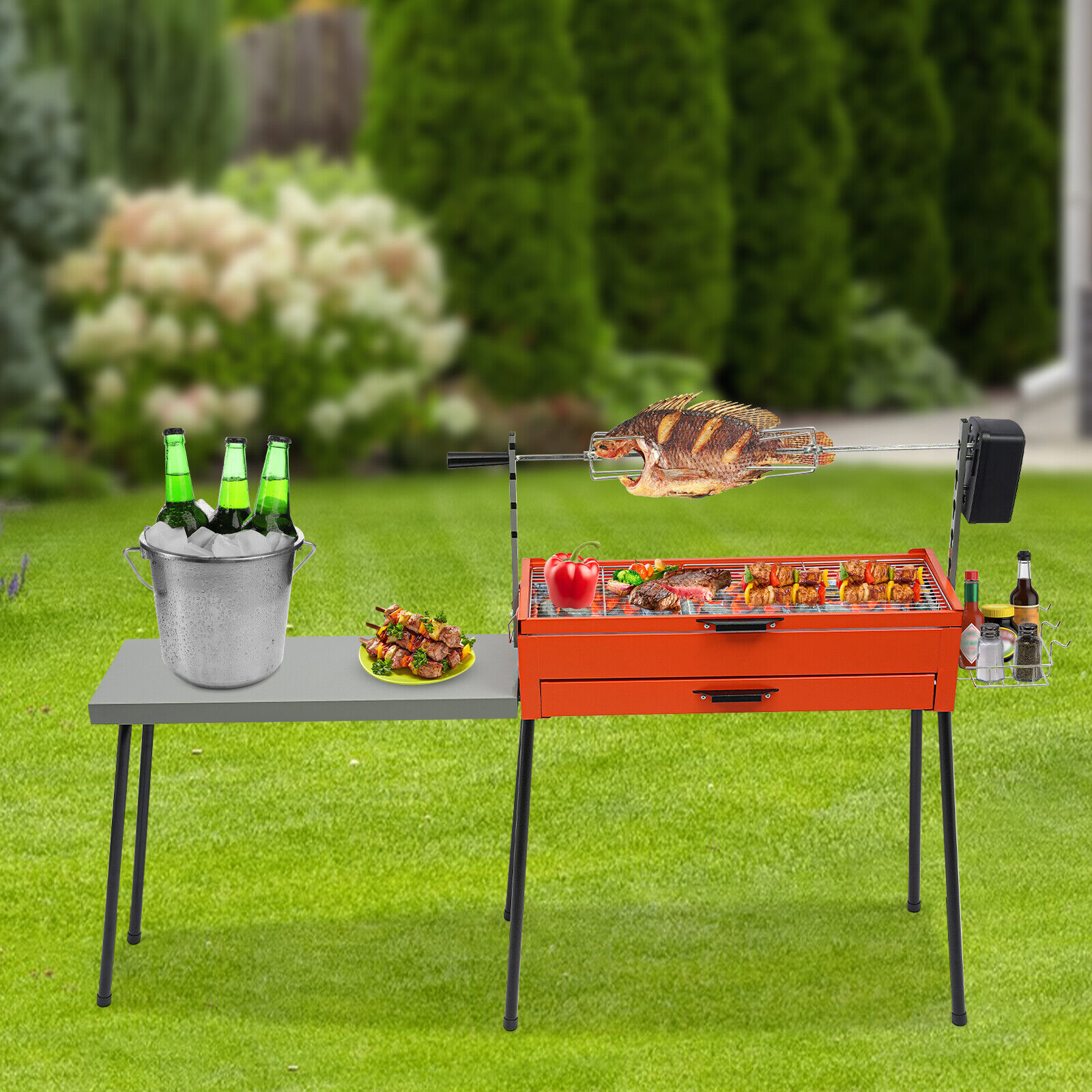 Barbecue Grill Height Adjustable Chicken Grill With Side Table For Bbq Camping