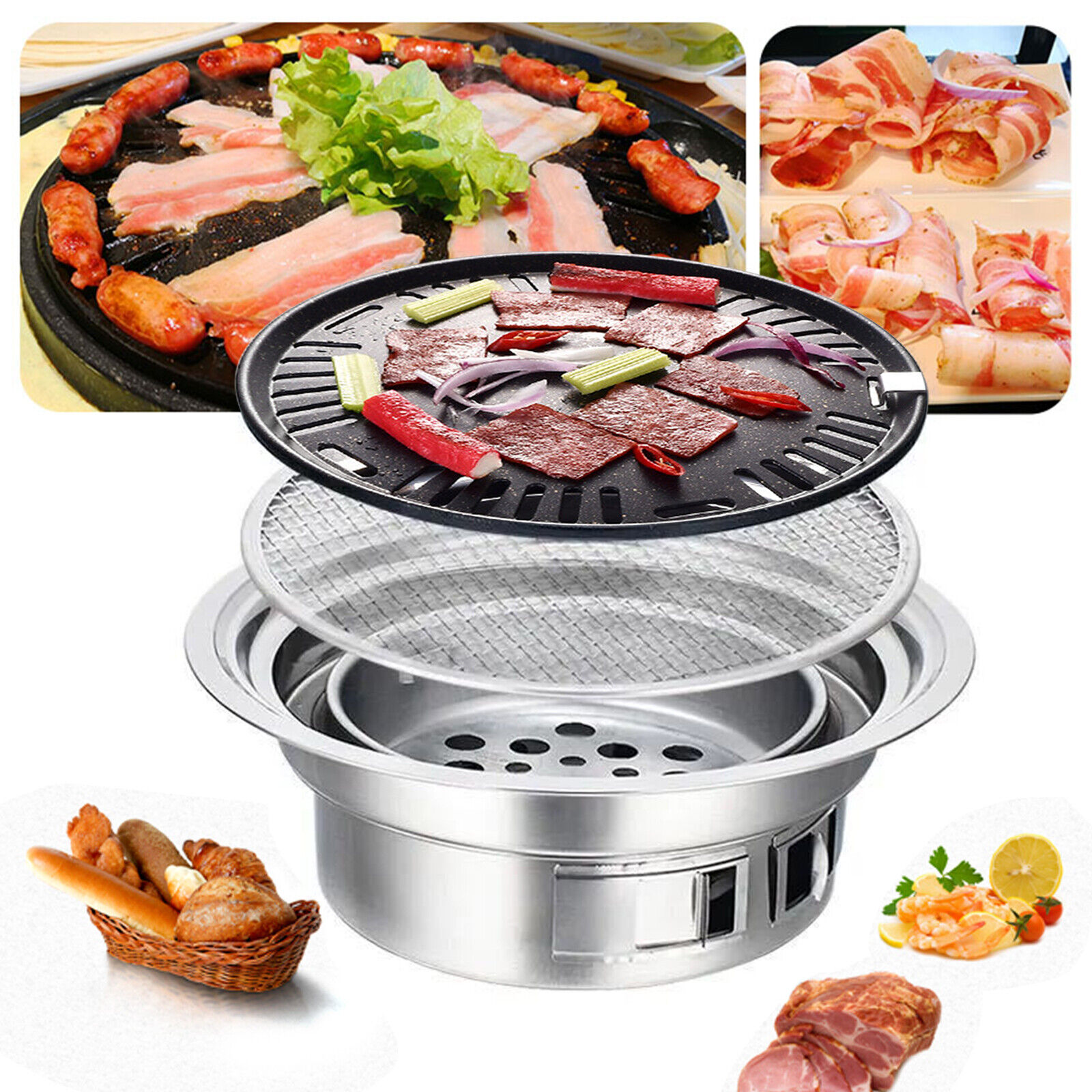 Portable Stainless Steel Smokeless Non-Stick Cooking Charcoal Barbecue Grill New