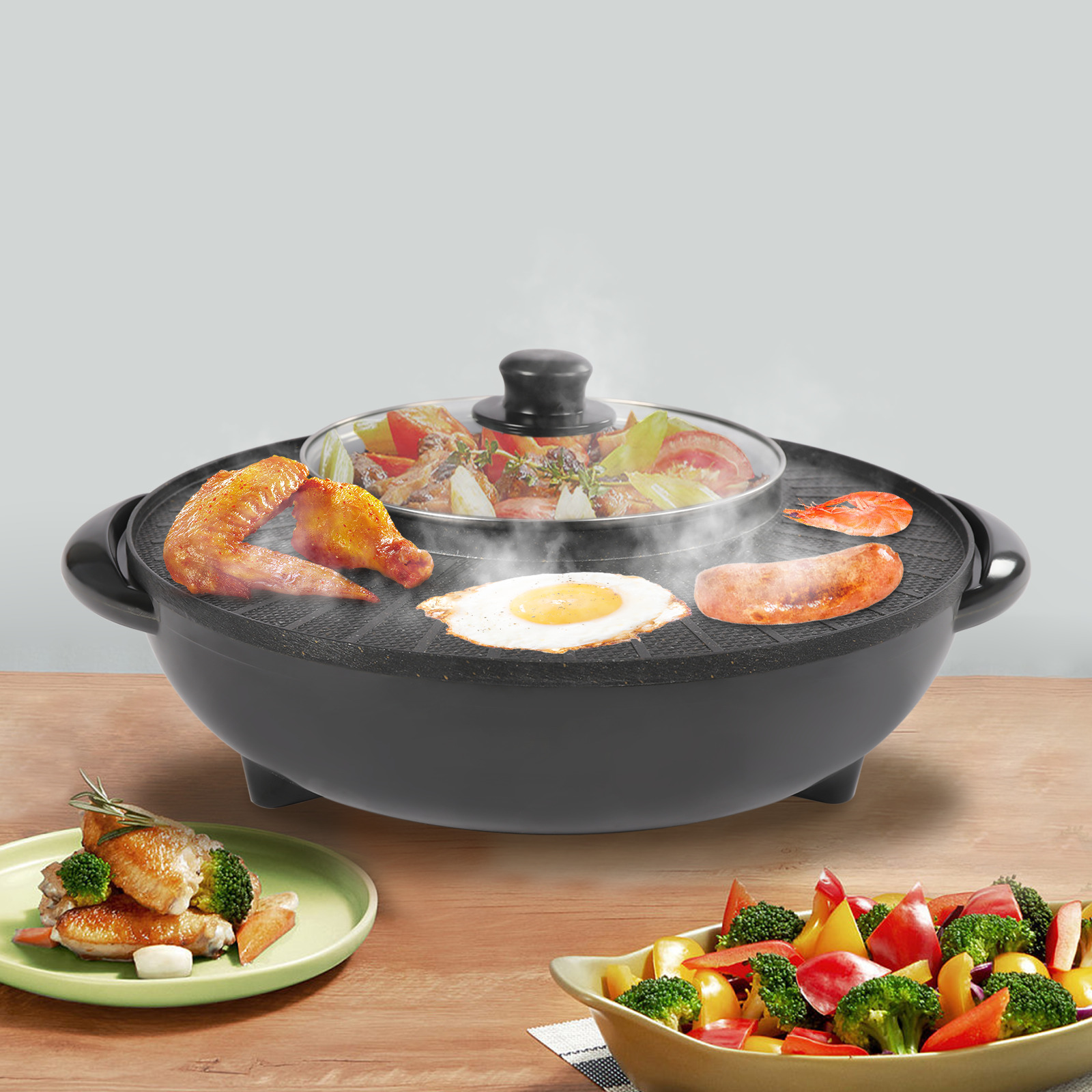 2 in 1 Electric Hot Pot BBQ Grill Portable Smokeless Barbecue Pan Grill 1350W