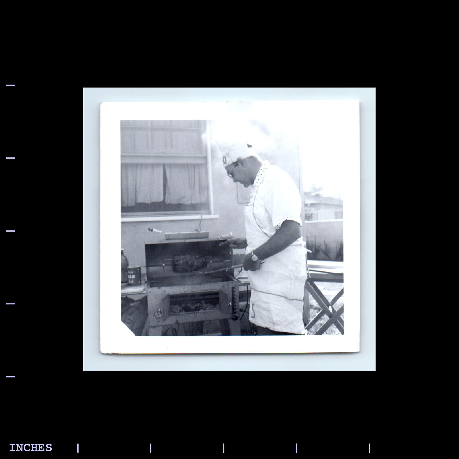 Vintage Square Photo MAN GRILLING BARBECUE GRILL CHEF HAT APRON