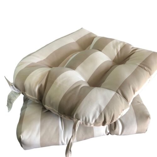 Set Two Tommy Bahama Striped Thick Outdoor Chair Cushions Taupe Cream Stripe NEW