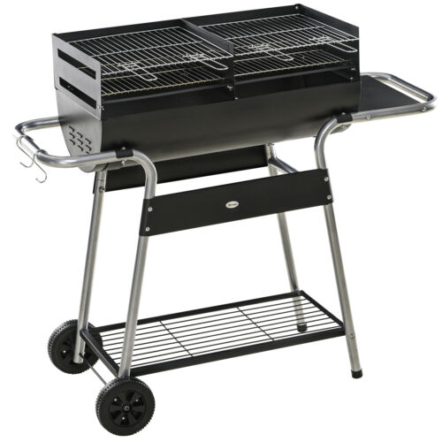 Charcoal Barbecue Grill BBQ Trolley with Double Grill, Side Table,