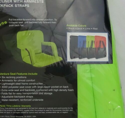 Ventura Seat Lime Backpack Strap Armrests Portable Reclining outdoor Camp Chair