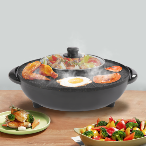 2 in 1 Electric Hot Pot BBQ Grill Portable Smokeless Barbecue Pan Grill 1350W