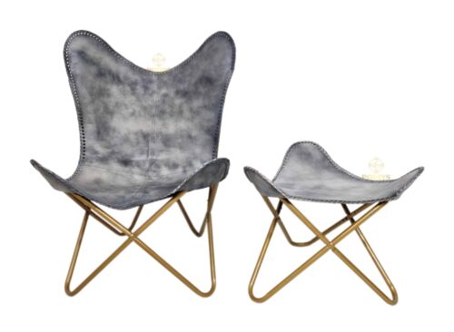 Butterfly Leather Chair & Ottoman – Gray leather Folding Chair/Footstool