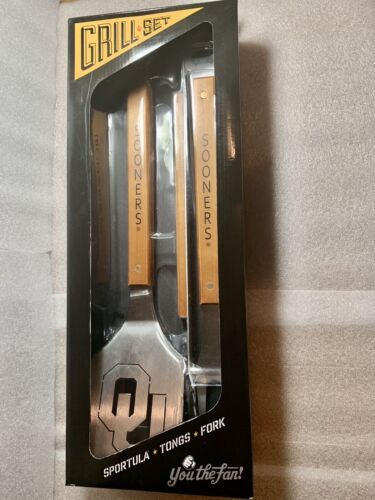 OKlahoma Sooners 3 Piece Barbecue Grill Set w/ Spatula Fork Tongs 2 Opener NCAA