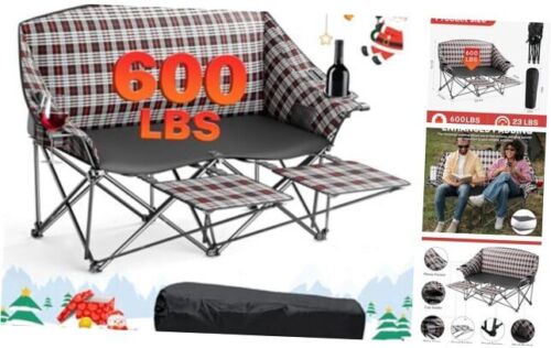 Loveseat Camping Chair with Footrest, Supports 600lbs Folding Double Black