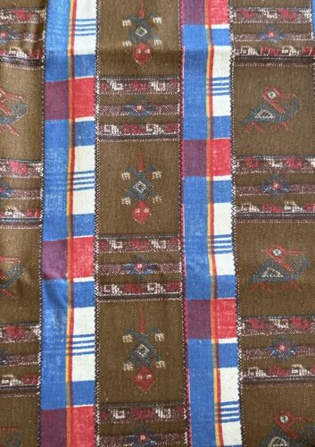 Vtg Cranston Striped Linen W45”xL1.4Yd Lotus Frogs Turtles Brown; Red White&Blue