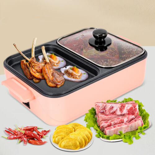 Electric Hot Pot 2 In 1 Nonstick Griddle Smokeless Barbecue Grill Hot Pot 110V