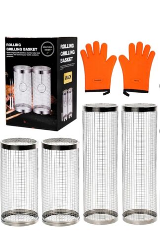 Rolling Grilling Basket Barbecue Portable Roll Grill Basket For Outdoor (4Pack)