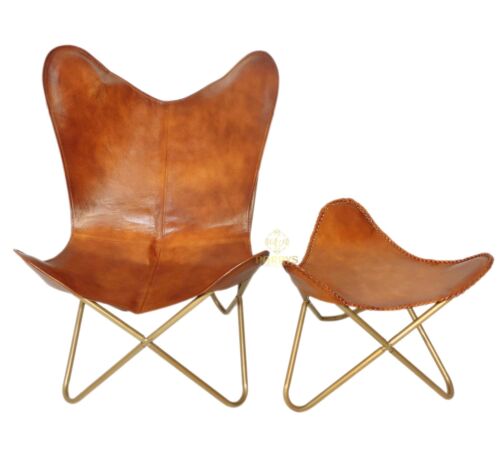 Indien Handmade Leather Lounge Butterfly Chair With Footrest Foot Stool