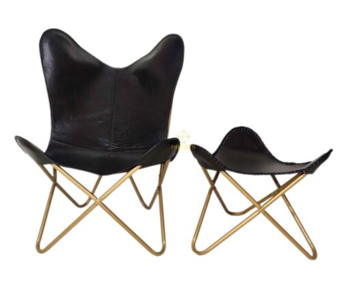 Indien Handmade Black Leather Butterfly Lounge Chair Ottomans/Footstool
