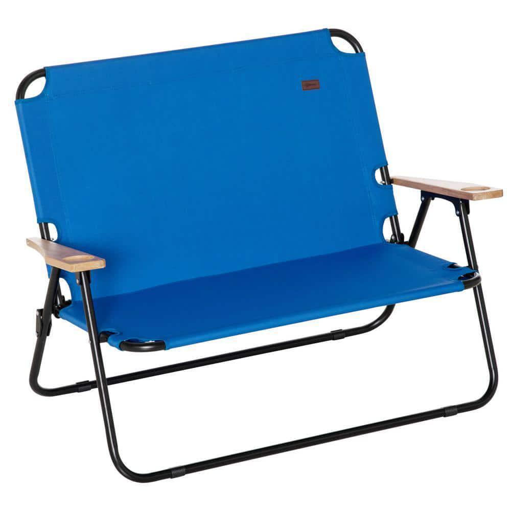 Outsunny Camping Chair 45" Outdoor Folding w/Wooden Armrests Steel Double Blue