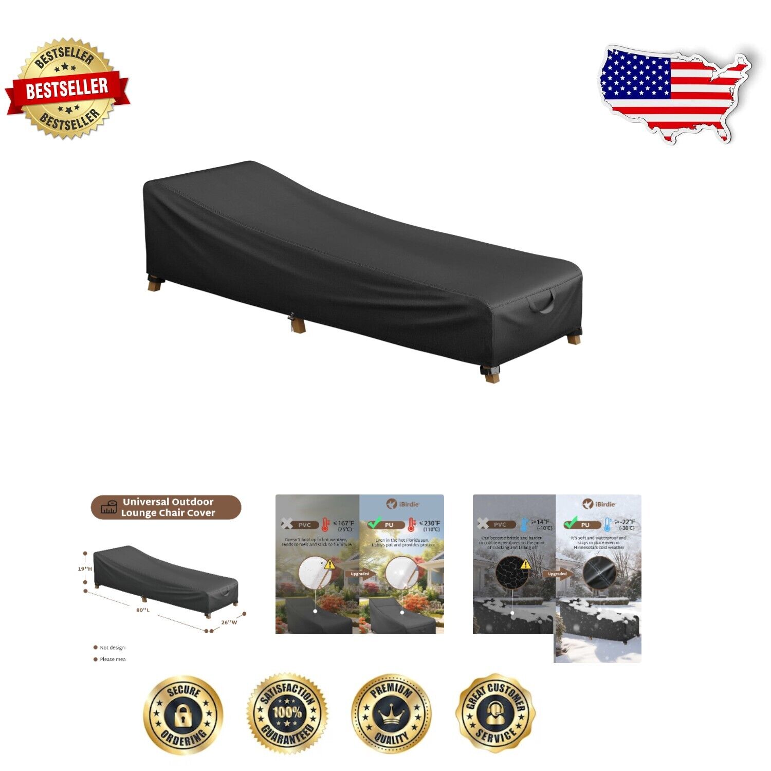 Secure Drawstring Outdoor Chair Cover - Waterproof & UV Resistant, Black 80x26