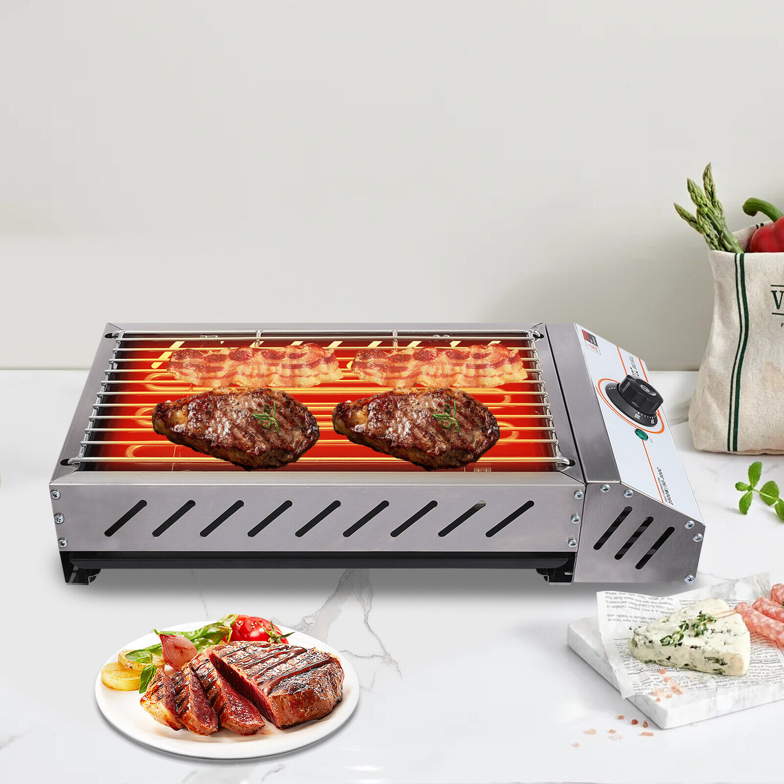 110V BBQ Grill Electric Barbecue Grill Countertop Griller Stainless Steel