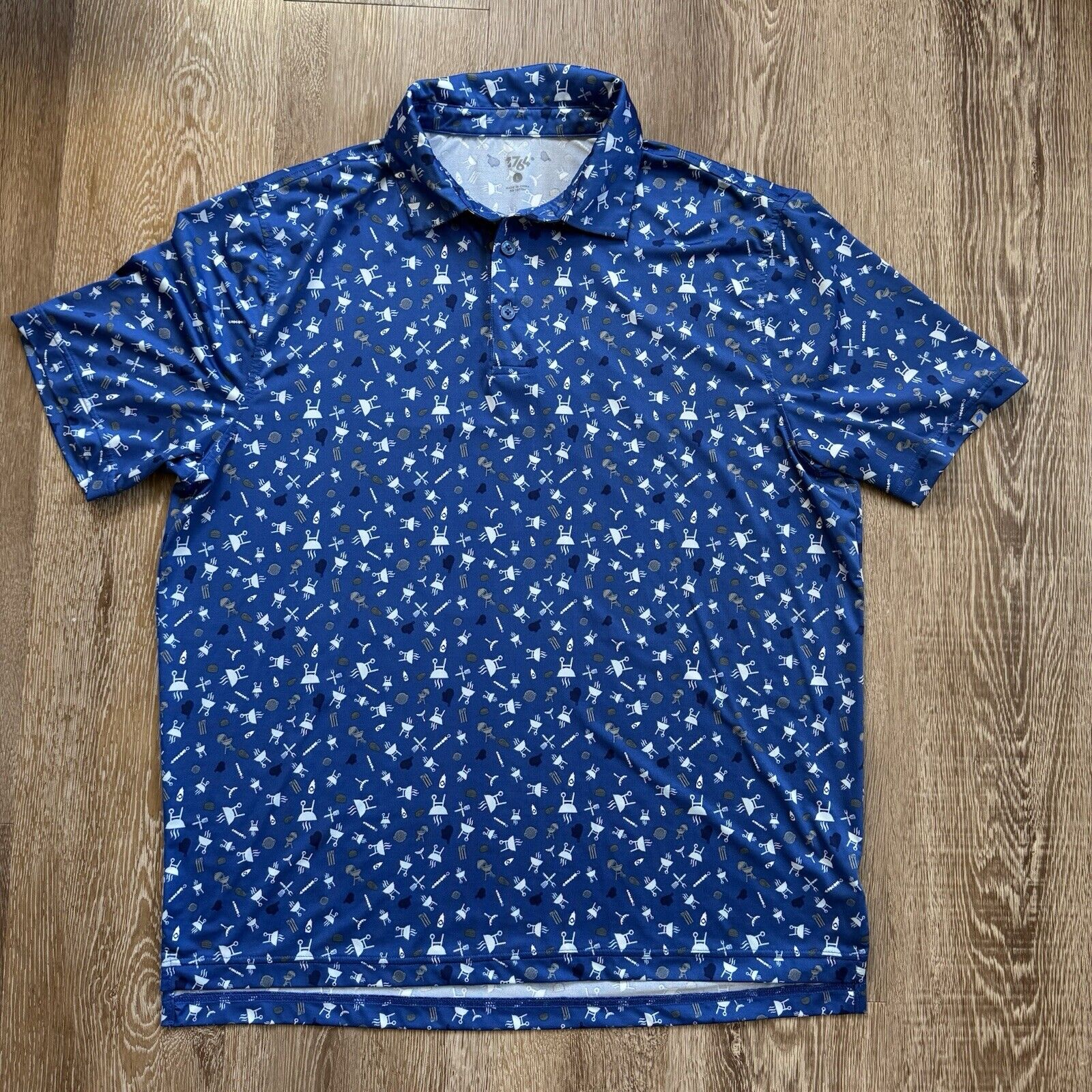 1764 Shirt Mens L Blue Polo Golf Performance Stretch Grill Barbecue Cookout
