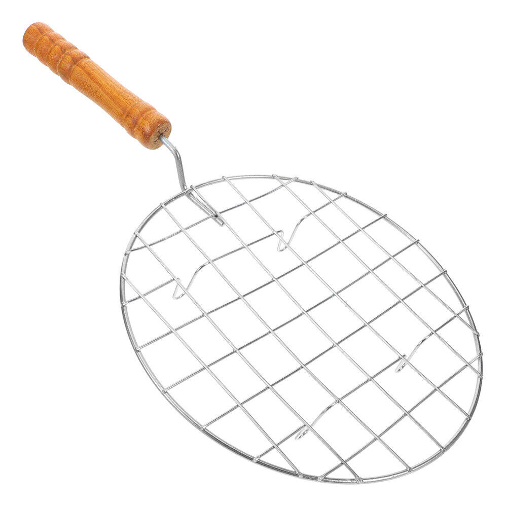 Barbecue Wire Mesh Stainless Steel Grill Net with Wooden Handle Round Roasting
