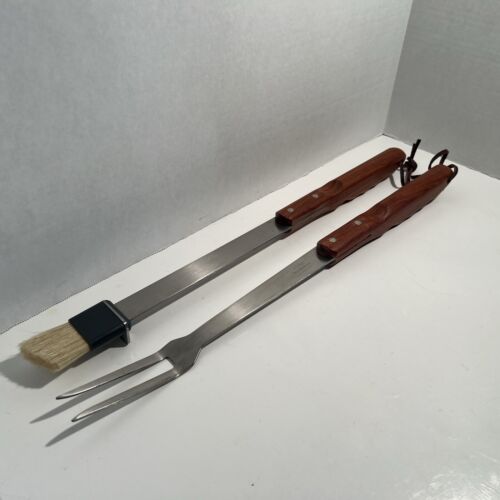 Brookstone Barbeque Utensils Wooden Handle - Large Fork And Large Brush 20” Long