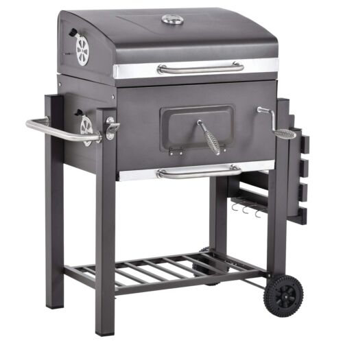 Charcoal Grill BBQ Trolley Backyard Garden Smoker Barbecue w/ Shelf Side Table W