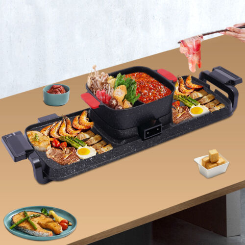Electric 2 in 1 Hot Pot BBQ Oven Smokeless Barbecue Pan Grill Hotpot Machine