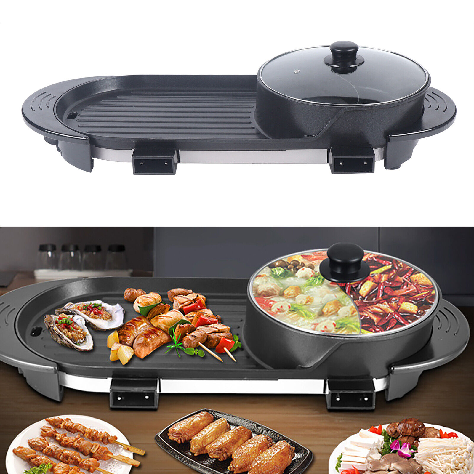 2 In 1 Hot Pot Barbecue Grill Portable Electric Non-stick Teppanyaki Pan Soup 