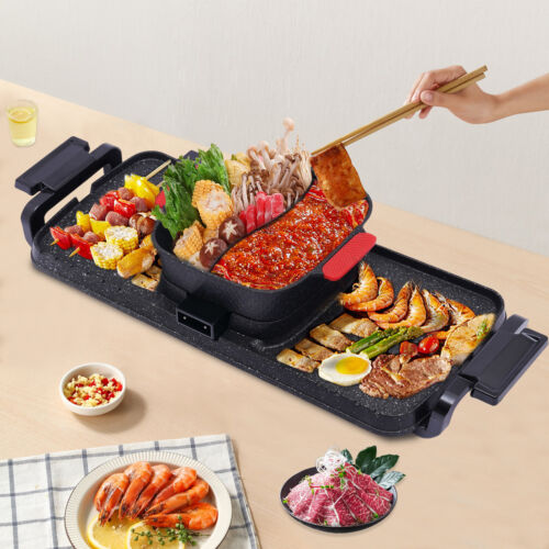 2 in 1 Electric Hot Pot BBQ Grill Portable Smokeless Barbecue Pan Grill Hot Pot