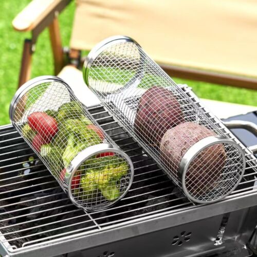 Round Rolling Grill Cage Stainless Steel Round Barbecue Drum  Outdoor