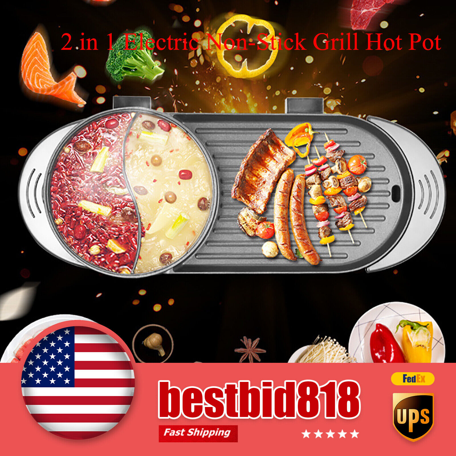 2 in 1 Electric Non-Stick Grill Hot Pot BBQ Grill Soup Shabu Pot Barbecue 2200W