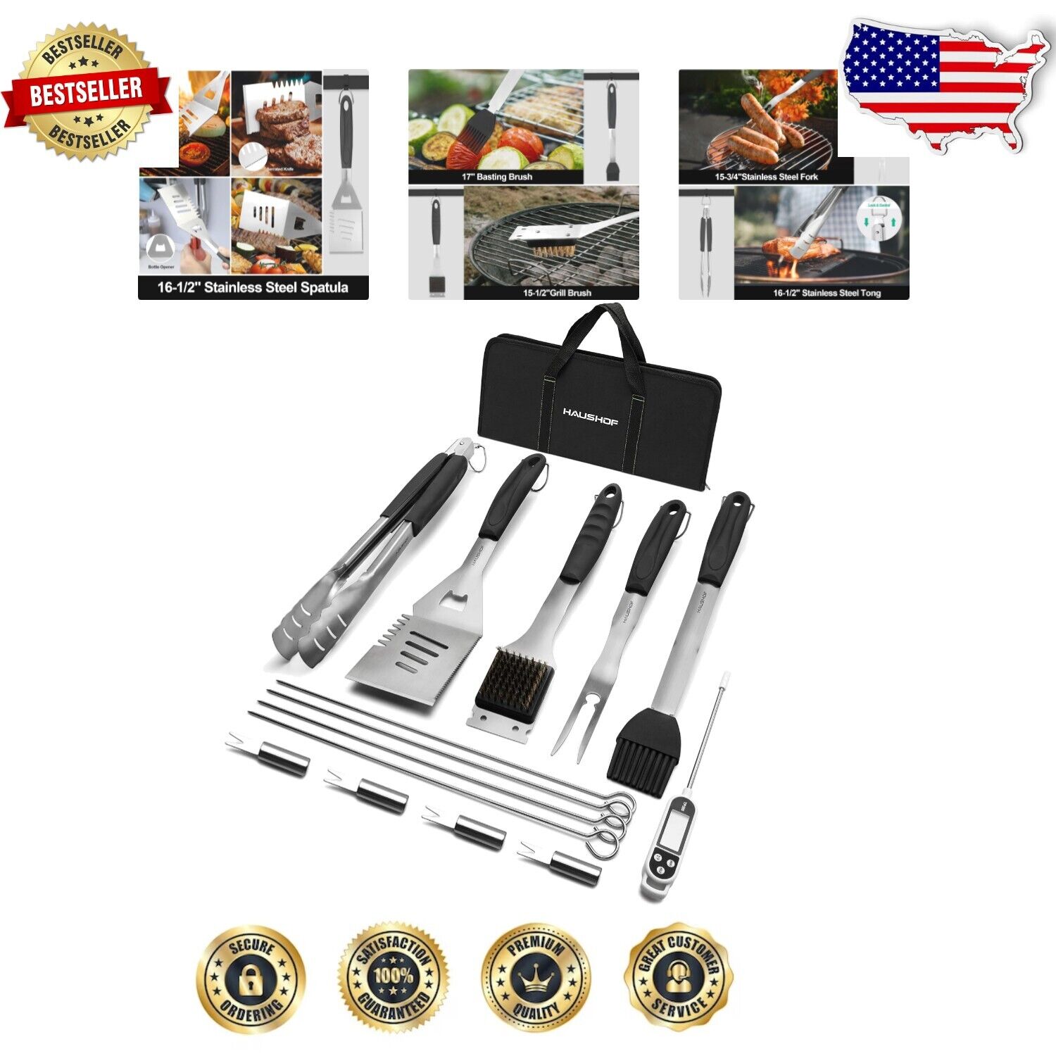 Versatile 15-Piece Barbecue Grilling Set with Thermometer - Ideal for Gifting