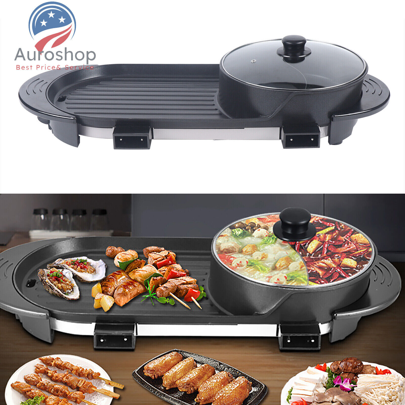 2 in 1 Electric Non-Stick Grill Hot Pot BBQ Grill Soup Shabu Pot Barbecue 2200W